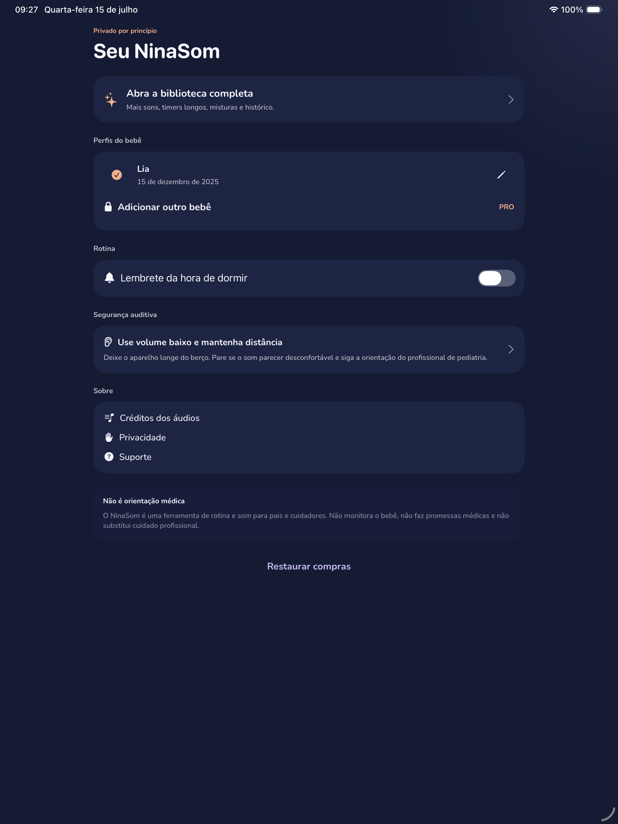 NinaSom baby profile, routine reminder, safety, privacy, and support settings on iPad.