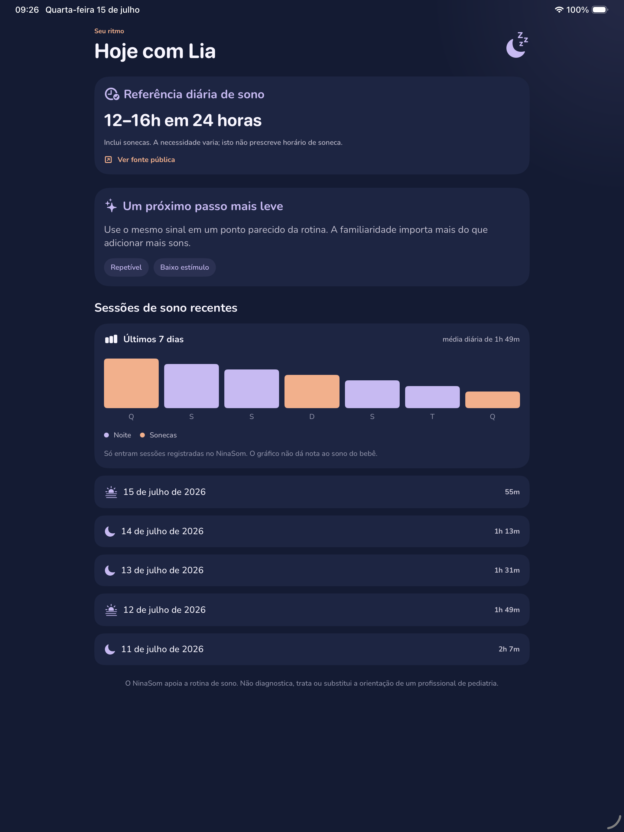 NinaSom Today screen with an age-based sleep reference and recent sleep sessions.